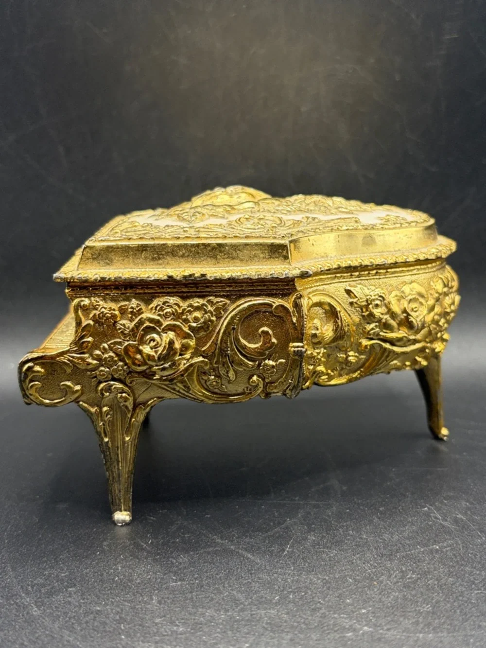 Vintage Grand Piano Gold Tone Rose Floral Hinged Jewelry Box Trinket Box, Japan